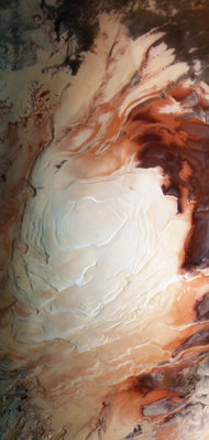 The Southern Reaches - Credit: ESA / G. Neukum (Freie Universitaet, Berlin) / Bill Dunford<br />The south pole of Mars, as seen by the Mars Express orbiter in infrared, green, and blue light.
