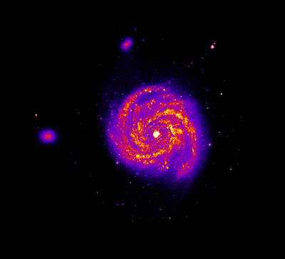 An image of galaxy M100 processed by theSkyNet POGS volunteers. <br />This processed image shows how fast stars are forming the galaxy, <br />with the bright orange and white areas where many stars are <br />forming and the darker areas where fewer are forming. <br />Credit: Kevin Vinsen, ICRAR and Dave Thilker, JHU.