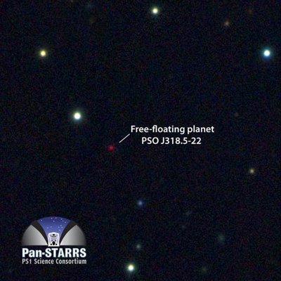 Multicolor image from the Pan-STARRS1 telescope of the free-floating planet <br />PSO J318.5-22, in the constellation of Capricornus. The planet is extremely <br />cold and faint, about 100 billion times fainter in optical light than the planet <br />Venus. Most of its energy is emitted at infrared wavelengths. The image is 125 <br />arcseconds on a side. (Credit: N. Metcalfe/Pan-STARRS 1 Science Consortium)