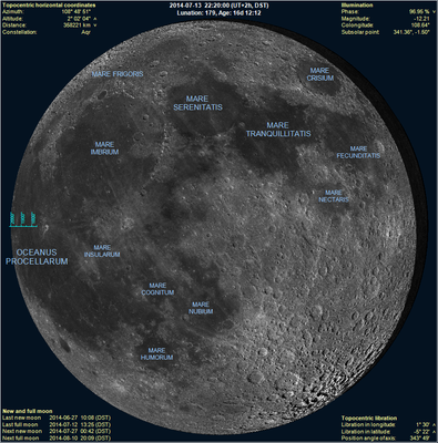 July 13, Local time 10:20pm (note that Mare Crisium is very near the illuminated edge)