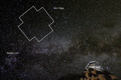 The Kepler field of view, located between two bright stars in the summer <br />triangle, rising over the WIYN telescope in southern Arizona.