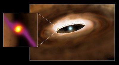 This graphic is an artist’s conception of the young <br />massive star HD100546 and its surrounding disk.<br />Image Credit: P. Marenfeld &amp; NOAO/AURA/NSF