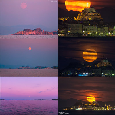 Full moon above the old town of Corfu - comparison of focal lengths
