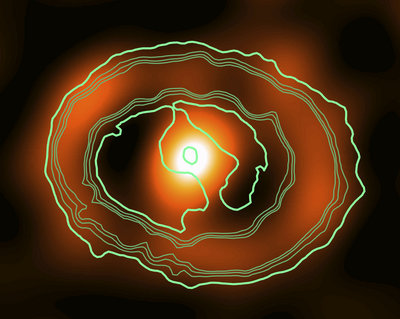 An outline of the equatorial ring and inner debris, as seen with the <br />Hubble Space Telescope (green/blue contours), on top of ALMA <br />observations of the remnant at 345 GHz (red/orange, with rendering). <br />Credit: G. Zanardo, ICRAR-UWA