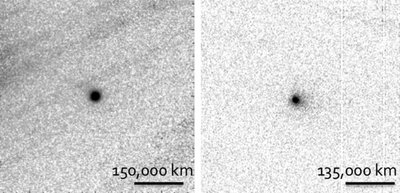 Images of P/2013 P2 (left) obtained using the Gemini North 8-meter telescope <br />on 2013 Sept 04 when it was 3.2 AU from the sun, and of P/2014 S3 obtained <br />using the CFHT in late Sept 2014 when it as 2.1 AU from the sun. Both images <br />have been processed to remove most of the background stars and galaxies to <br />enhance the visibility of the faint dust tails. (Credit: IfA/Gemini)