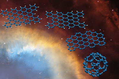 Illustration of how a big PAH (upper left) starts with a molecular striptease, <br />stripping off H-atoms one by one, until the naked carbon skeleton is left over. <br />The C60 ‘Buckyball’ is at the lower right. Credit: HST/NASA, A. Candian.