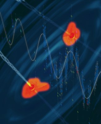 An artist's conception of a black hole binary in a heart of <br />a quasar, with the data showing the periodic variability <br />superposed. Image Credit: Santiago Lombeyda, Caltech <br />Center for Data-Driven Discovery