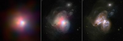 The real monster black hole is revealed in this image from NASA's Nuclear <br />Spectroscopic Telescope Array of colliding galaxies Arp 299. In the center <br />panel, the NuSTAR high-energy X-ray data appear in various colors overlaid <br />on a visible-light image from NASA's Hubble Space Telescope. The panel on <br />the left shows the NuSTAR data alone, while the visible-light image is on the <br />far right. Image Credit: NASA/JPL-Caltech/GSFC