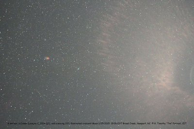 A meteor, a Comet (Lovejoy C_2014 Q2), and a waxing 33% illuminated crescent Moon 1/25/2015  19:00 EST Broad Creek, Newport, NC  © G. Timothy &quot;Tim&quot; Forrest, CET<br />Canon EOS 60Da; Sigma 28mm f2.8; 8 seconds; ISO H (12800)  iOptron SkyTracker; Manfrottto O55XPROB Tripod