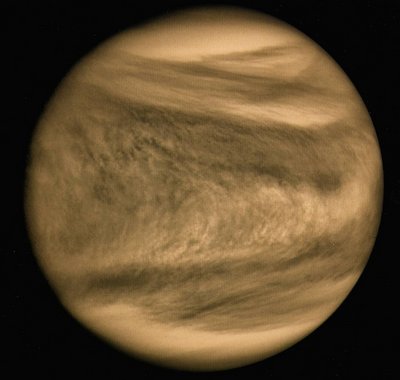 Ultraviolet image of Venus taken by the Mariner 10 <br />spacecraft in 1973 during a fly-by. (Credit: NASA)