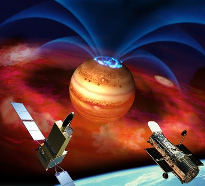 In this artist’s rendering, flows of electrically charged ions and electrons <br />accelerate along Jupiter’s magnetic field lines (fountain-like blue curves), <br />triggering auroras (blue rings) at the planet’s pole. Accelerated particles <br />come from clouds of material (red) spewed from volcanoes on Jupiter’s <br />moon Io (small orb to right). Recent observations of extreme ultraviolet <br />emissions from Jupiter by satellite Hisaki (left foreground) and the Hubble <br />Space Telescope (right) show episodes of sudden brightening of the planet’s <br />auroras. Interactions with the excited particles from Io likely also fuel these <br />auroral explosions, new research shows, not interactions with particles from <br />the Sun.  (Credit: Japan Aerospace Exploration Agency)