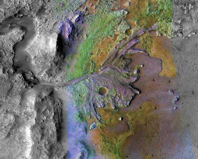A delta-like fan at the western edge of Jezero Crater marks an area <br />where flowing water would have entered the lake-filled crater and <br />deposited clay minerals transported from the surrounding watershed. <br />(Credit: NASA/JPL/JHUAPL/MSSS/Brown University)
