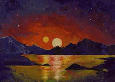 In this acrylic painting, University of Utah astrophysicist Ben Bromley <br />envisions the view of a double sunset from an uninhabited Earthlike planet <br />orbiting a pair of binary stars. (Credit: Ben Bromley, University of Utah)