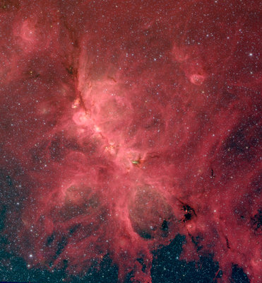 The Cat's Paw Nebula, also known as NGC 6334, comes alive in this <br />infrared image from the Spitzer Space Telescope. A new study of this <br />nebula finds that magnetic fields influence star formation on a variety <br />of scales, from hundreds of light-years down to a fraction of a light-year. <br />In this representative-color photo red shows light at a wavelength of <br />8 microns, green is 4.5 microns, and blue is 3.6 microns. <br />(Credit: S. Willis (CfA); NASA/JPL-Caltech/SSC)
