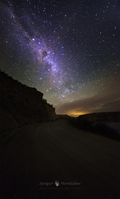 The road to the southern milky way / 2 image to build this astronomical panorama next to the Atuel Dam, at Valle Grande, Mendoza, Argentina.