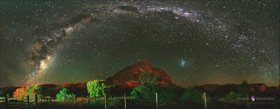 Milky Way above the Atuel Canyon during fall / 15 imagen to build this panoramic view of the Atuel Canyon, each frame is 15 sec at iso 6400, using a analog lense of f2.8 at 28mm. At, Valle Grande, San Rafael Mendoza, Argentina.