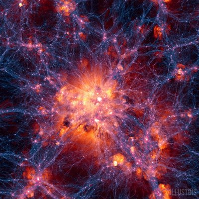 A snapshot from the Illustris Project computer simulation of cosmic structure <br />formation. This artificially colored image shows filaments and galaxies in the <br />web of cosmic matter, as seen today over a field-of-view about fifty million <br />light-years across. A new paper examines the changing frequency of galaxy <br />collisions, as computed by in Illustris, as the universe evolves from the big <br />bang to the present day. (Credit: The Illustris Project)