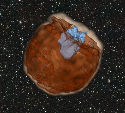 In this still from a simulation, a Type Ia supernova explodes (dark brown <br />color). The supernova material is ejected outwards at a velocity of about <br />10,000 km/s. The ejected material then slams into its companion star <br />(light blue color). The violent collision produces an ultraviolet pulse that <br />is emitted from the conical hole carved out by the companion star. <br />(Image Credit: Daniel Kasen, Berkeley Lab/UC Berkeley)