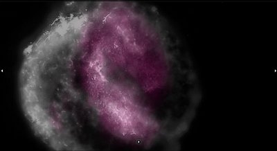 Kepler's Supernova Remnant.  Photonics (purple)  NASA  (white) A composite image.  Note that the NASA image was a 4 layer composite of Hubble, (visible), Chandra, (X-ray Soft), Chandra,  (X-ray Hard) and Spitzer, (infrared).  I converted the 4 layer NASA image into Black and White and added the photonic image to produce a new 5 layered composite image.