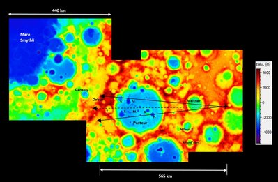 Elevation Map showing FoV for Borman's Earthrise image and craters identified.