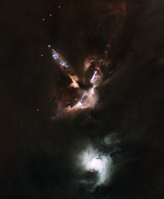 The HH 24 jet complex emanates from a dense cloud core that <br />hosts a small multiple protostellar system known as SSV63. <br />The nebulous star to the south is the visible T Tauri star SSV59. <br />Color image based on the following filters with composite image <br />color assignments in parenthesis: g (blue), r (cyan), I (orange), <br />hydrogen-alpha (red), sulfur II (blue)) images obtained with <br />GMOS on Gemini North in 0.5 arcsecond seeing, and NIRI. <br />Field of view is 4.2x5.1 arcminutes, orientation: north up, <br />east left. Image Credit: Travis Rector.