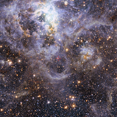 Location of VFTS 352 in the Large Magellanic Cloud<br />Credit: ESO/M.-R. Cioni/VISTA Magellanic Cloud survey.<br />Acknowledgment: Cambridge Astronomical Survey Unit