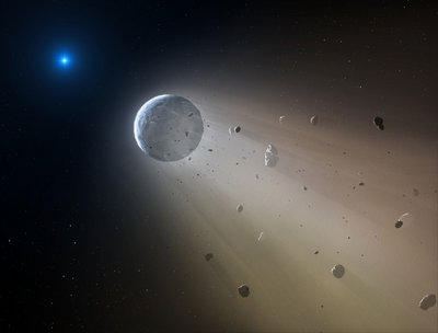 In this artist's conception, a Ceres-like asteroid is slowly disintegrating as it <br />orbits a white dwarf star. Astronomers have spotted telltales signs of such an <br />object using data from the Kepler K2 mission. It is the first planetary object <br />detected transiting a white dwarf. Within about a million years the object will <br />be destroyed, leaving a thin dusting of metals on the surface of the star.<br />Credits: CfA/Mark A. Garlick