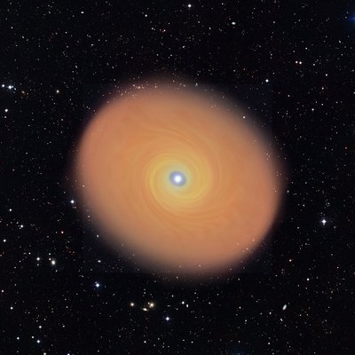 An artist’s impression of the disk around the forming high-mass star AFGL <br />4176. The disk is 50 times larger than the size of Pluto's orbit, but it rotates <br />around its star in a similar way to disks around forming low-mass stars. <br />Image Credit: K. G. Johnston and ESO (background image)