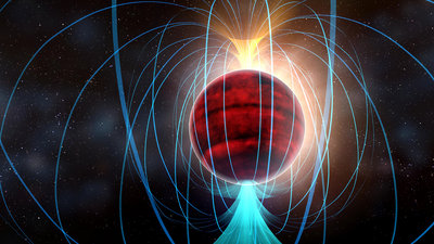 Artist's impression of red dwarf star TVLM 513-46546. ALMA observations <br />suggest that it has an amazingly powerful magnetic field (shown by the <br />blue lines), potentially associated with a flurry of solar-flare-like eruptions. <br />Credit: NRAO/AUI/NSF; Dana Berry / SkyWorks