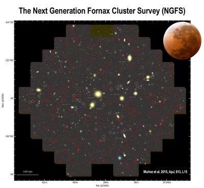 Image of the inner 3 square degrees of the NGFS survey footprint compared <br />with the size of the Moon. Low surface brightness dwarf galaxies are marked <br />by red circles. Gray circles indicate previously known dwarf galaxies. The <br />dwarf galaxies, which vastly outnumber the bright galaxies, may be the <br />“missing satellites” predicted by cosmological simulations.