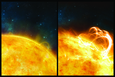 Left: Artist’s impression of the 'quiet' Sun, with no solar flares. <br />Right: What the Sun might look like if it were to produce a superflare. A large <br />flaring coronal loop structure is shown towering over a solar active region. <br />Credit: University of Warwick/Ronald Warmington