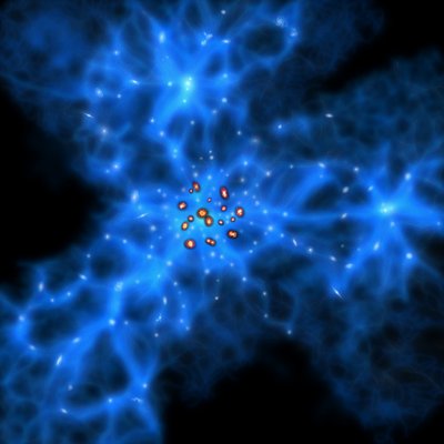 A visualization of the proto-Great Wall and monstrous galaxies. Monstrous <br />galaxies are thought to preferentially be born at the centers of the web <br />like structures formed by young galaxies. Credit: ALMA (ESO/NAOJ/NRAO)