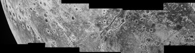 Zigzagging across Pluto: This high-resolution swath of Pluto (right) sweeps <br />over the cratered plains at the west of the New Horizons’ encounter <br />hemisphere and across numerous prominent faults, skimming the eastern <br />margin of the dark, forbidding region informally known as Cthulhu Regio, <br />and finally passing over the mysterious, possibly cryovolcanic edifice Wright <br />Mons, before reaching the terminator or day-night line. Among the many <br />notable details shown are the overlapping and infilling relationships between <br />units of the relatively smooth, bright volatile ices from Sputnik Planum (at <br />the edge of the mosaic) and the dark edge or “shore” of Cthulhu. The pictures <br />in this mosaic were taken by the Long Range Reconnaissance Imager (LORRI) <br />in “ride-along” mode with the LEISA spectrometer, which accounts for the <br />‘zigzag’ or step pattern. Taken shortly before New Horizons’ July 14 closest <br />approach to Pluto, details as small as 500 yards (500 meters) can be seen. <br />(Credit: NASA/JHU-APL/SwRI)