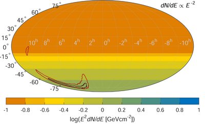 Upper limit on the high-energy muon neutrino spectral fluence from GW150914 <br />as a function of source direction. For comparison, the contours of the GW sky <br />map are also shown. (Credit: ANTARES, IceCube, LIGO, Virgo Collaborations)