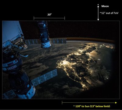 Though not correct in phase, the Moon is sized correctly. Note the Sun is 13° below the Earth's limb