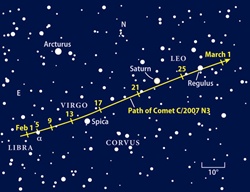 Comet C/2007 N3 (Lulin) should approach 6th magnitude near the end of February. Follow the fuzzy blob this month as it races westward from Libra to Leo. Astronomy: Roen Kelly