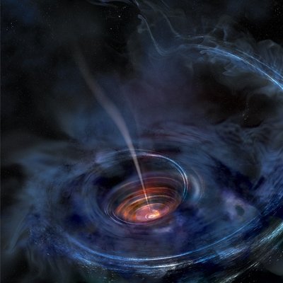 In this artist's rendering, a thick accretion disk has formed around a <br />supermassive black hole following the tidal disruption of a star that <br />wandered too close. Stellar debris has fallen toward the black hole <br />and collected into a thick, chaotic disk of hot gas. Flashes of X-ray light <br />near the center of the disk result in light echoes that allow astronomers <br />to map the structure of the funnel-like flow, revealing—for the first time<br />—strong gravity effects around a normally quiescent black hole. <br />(Credit: NASA/Swift/Aurore Simonnet, Sonoma State U)
