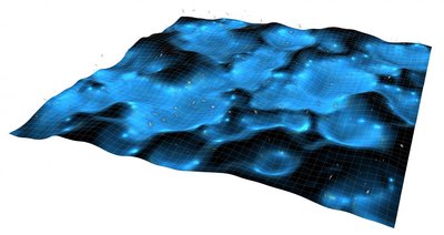 In a simulation of the universe without commonly made simplifications, <br />galaxy profiles float atop a grid representing the spacetime background <br />shaped by the distribution of matter. Regions of blue color contain more <br />matter, which generates a deeper gravitational potential. Regions devoid <br />of matter, darker in color, have a shallower potential. (Credit: J. Mertens)