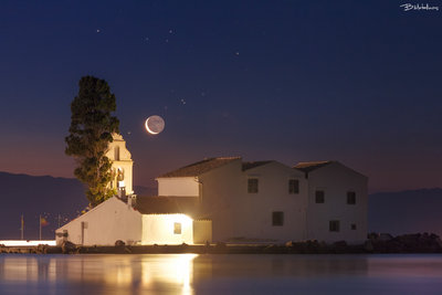 Moon meets Aldebaran above the monastery of Vlacherna, Corfu