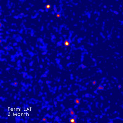This animation switches between two images of the gamma-ray sky as seen <br />by Fermi's Large Area Telescope (LAT), one using the first three months of <br />LAT data, the other showing a cumulative exposure of seven years. The blue <br />color, representing the fewest gamma rays, includes the extragalactic gamma <br />ray background. Blazars make up most of the bright sources shown (colored <br />red to white). With increasing exposure, Fermi reveals more of them. A new <br />study shows blazars are almost completely responsible for the background <br />glow.  Credits: NASA/DOE/Fermi LAT Collaboration