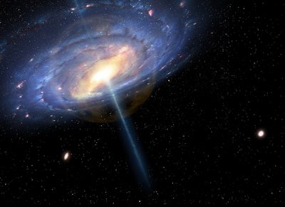 This artist's impression shows the Milky Way as it may have appeared 6 <br />million years ago during a &quot;quasar&quot; phase of activity. A wispy orange bubble <br />extends from the galactic center out to a radius of about 20,000 light-years. <br />Outside of that bubble, a pervasive &quot;fog&quot; of million-degree gas might account <br />for the galaxy's missing matter of 130 billion solar masses. <br />Credit: Mark A. Garlick/CfA