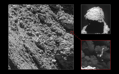 Philae found. Credit: Main image and lander inset: ESA/Rosetta/MPS <br />for OSIRIS Team MPS/UPD/LAM/IAA/SSO/INTA/UPM/DASP/IDA; <br />context: ESA/Rosetta/ NavCam – CC BY-SA IGO 3.0