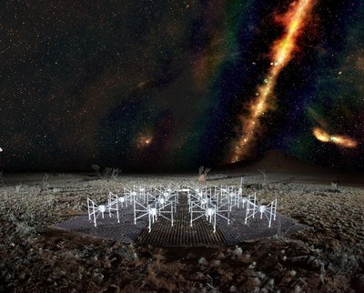 A ‘radio colour’ view of the sky above a ‘tile’ of the Murchison Widefield Array <br />radio telescope, located in outback Western Australia. The Milky Way is visible <br />as a band across the sky and the dots beyond are some of the 300,000 <br />galaxies observed by the telescope for the GLEAM survey. Red indicates <br />the lowest frequencies, green the middle frequencies and blue the highest <br />frequencies. Credit: Radio image: Natasha Hurley-Walker (ICRAR/Curtin) and <br />the GLEAM Team. MWA tile and landscape: Dr John Goldsmith/Celestial Visions.