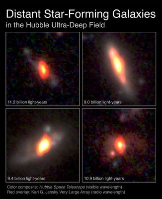Radio/Optical combination images of distant galaxies as seen with <br />NSF's Very Large Array and NASA's Hubble Space Telescope. Their <br />distances from Earth are indicated in the top set of images. <br />Credit: K. Trisupatsilp, NRAO/AUI/NSF, NASA