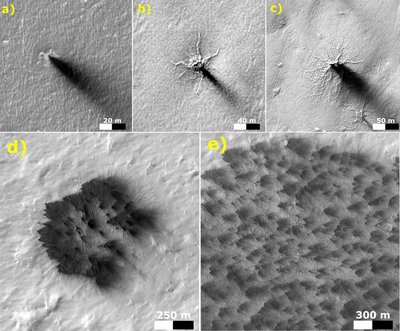 These five images from the HiRISE camera on NASA's Mars Reconnaissance <br />Orbiter show different Martian features of progressively greater size and <br />complexity, all thought to result from thawing of seasonal carbon dioxide <br />ice that covers large areas near Mars' south pole during winter.<br />Credit: NASA/JPL-Caltech/Univ. of Arizona