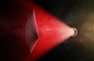 An artist's illustration of a light-sail powered by a radio beam (red) generated <br />on the surface of a planet. The leakage from such beams as they sweep <br />across the sky would appear as Fast Radio Bursts (FRBs), similar to the new <br />population of sources that was discovered recently at cosmological distances. <br />(Credit: M. Weiss/CfA)