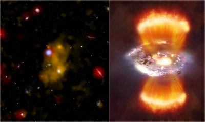 Left - Composite image of a radio galaxy and gas blob, in the optical, infrared <br />and x-rays. Right - Artist's impression of the galaxy, with jets emission shown. <br />Credit: Left - NASA/CXC/Durham Univ./D.Alexander et al., NASA/ESA/STScI/<br />IoA/S.Chapman et al., NAOJ/Subaru/Tohoku Univ./T.Hayashino et al., <br />NASA/JPL-Caltech/Durham Univ./J.Geach et al. Right - NASA/CXC/M.Weiss