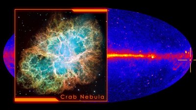 A Hubble visible light image of the Crab Nebula inset against a full-sky gamma <br />ray map showing the location of the nebula (crosshairs). (Credit: NASA)