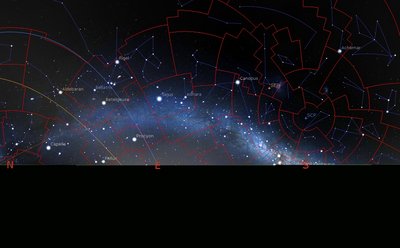 Blue curve = celestial equator, Beige curve = ecliptic, Brown curve = galactic equator.