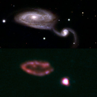 Top: A visible light image of Arp 84 taken by the Pan-STARRS telescope on <br />top of Haleakala on the island of Maui. Bottom: A composite far-infrared <br />image of the same galaxy taken by the PACS instrument aboard the <br />Herschel Space Observatory. Credit: Jason Chu